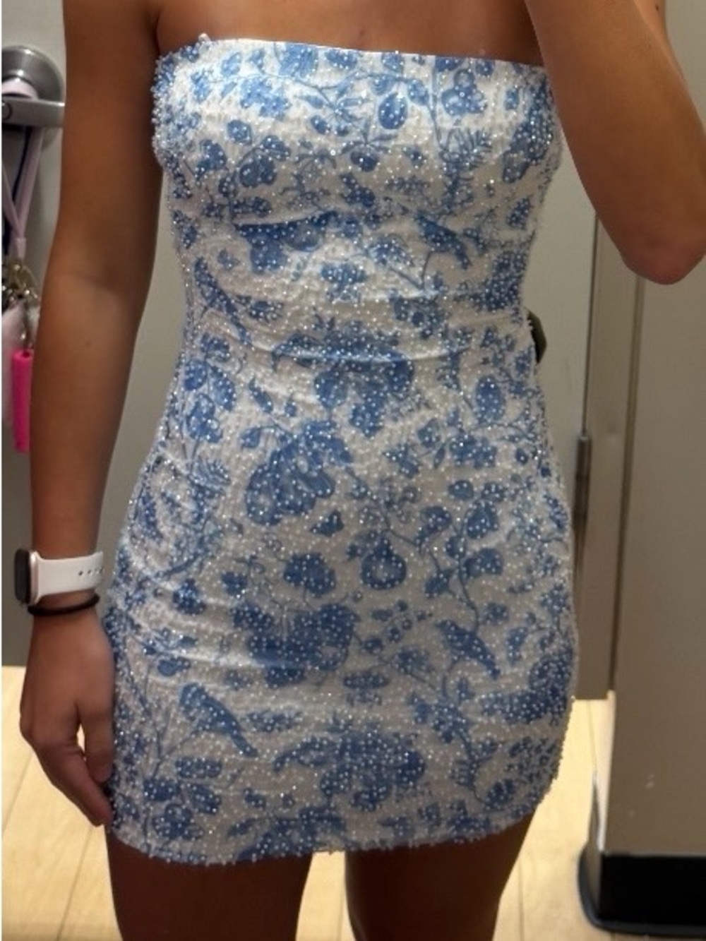 Windsor White Strapless Mini Dress with Blue Floral Beading
